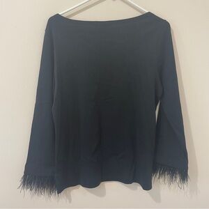 J. Crew Navy Ostrich Feather Trim Sleeve Boat Neck Sweater Long Sleeve Top Sz M